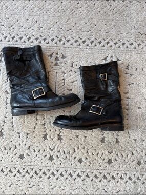 Jimmy Choo Black Leather Mid-Calf Buckle Moto Boots